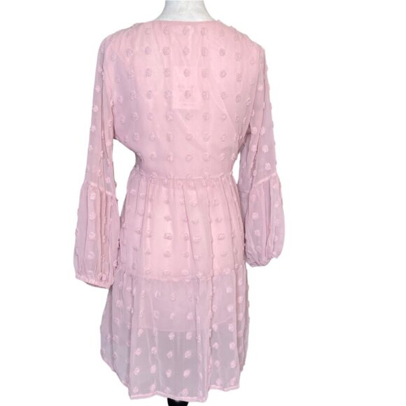 Belongsci Women's Light Pink Wiss Dot Sheer V Neck Long Sleeve Sundress Size Med - Picture 2 of 5